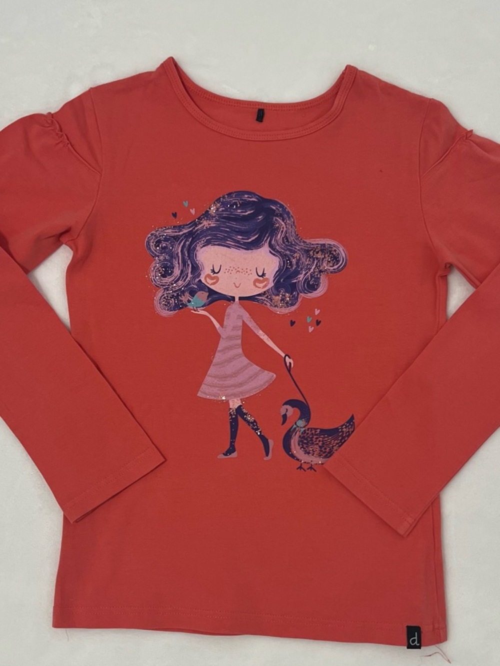 deux par deux Coral Long Sleeve Tee with Girl and Swan Graphic